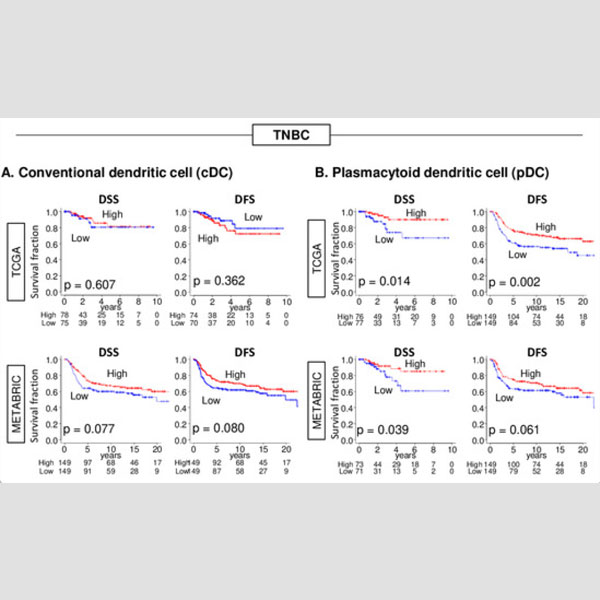 Plasmacytoid Dendritic Cell (pDC) Infiltration Correlate with Tumor Infiltrating Lymphocytes, Cancer Immunity, and Better Survival in Triple Negative Breast Cancer (TNBC) More Strongly than Conventional Dendritic Cell (cDC)